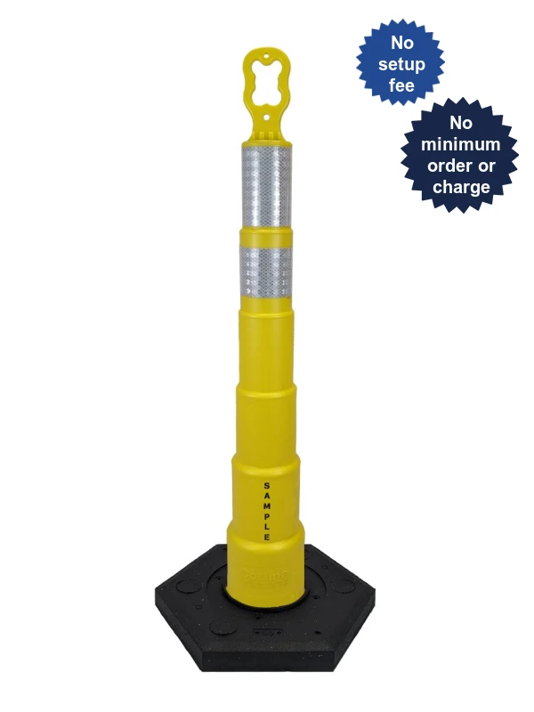 42 inch yellow EZ-Grab channelizer 16 lb base with 6\" \u0026 4\" reflective collars and custom lettering