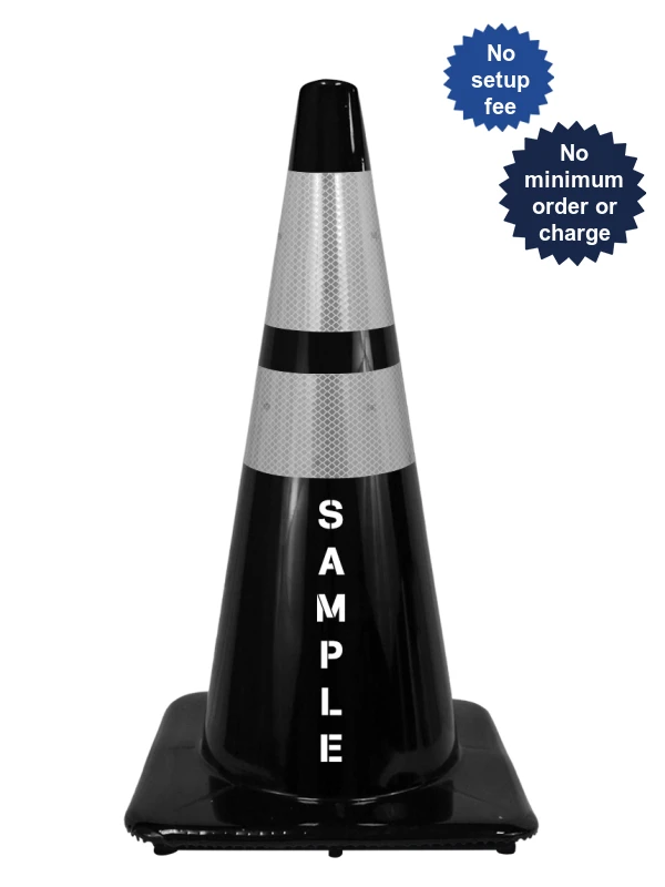 28\" Traffic Cones 7 lbs Black Two Reflective Collars, Lettering Double Sided