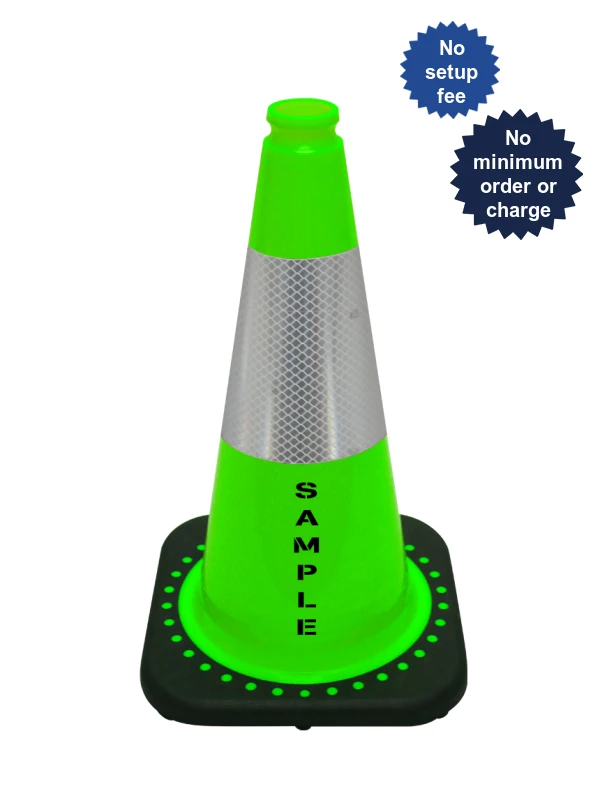 Lime 18\" JBC Black Base Traffic Cone 6\" Reflective Collar \u0026 Custom Lettering