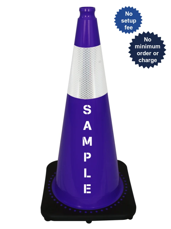 Purple 28\" 7 lbs JBC Black Base Traffic Cone w/ 6\" Reflective Collar w/ Custom Lettering