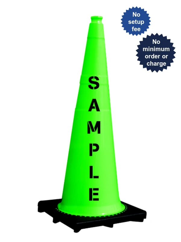 Lime 36\" 10 lbs JBC Black Base Traffic Cone w/ Custom Lettering