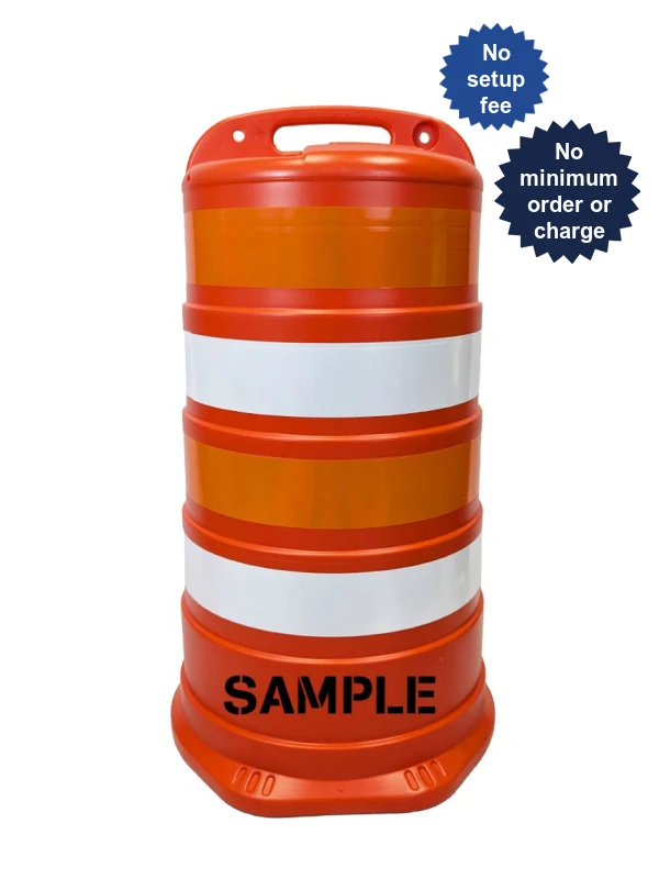 37\" Traffic Drum w/ Four 4\" EG Reflective Stripes \u0026 Double Sided Custom Lettering