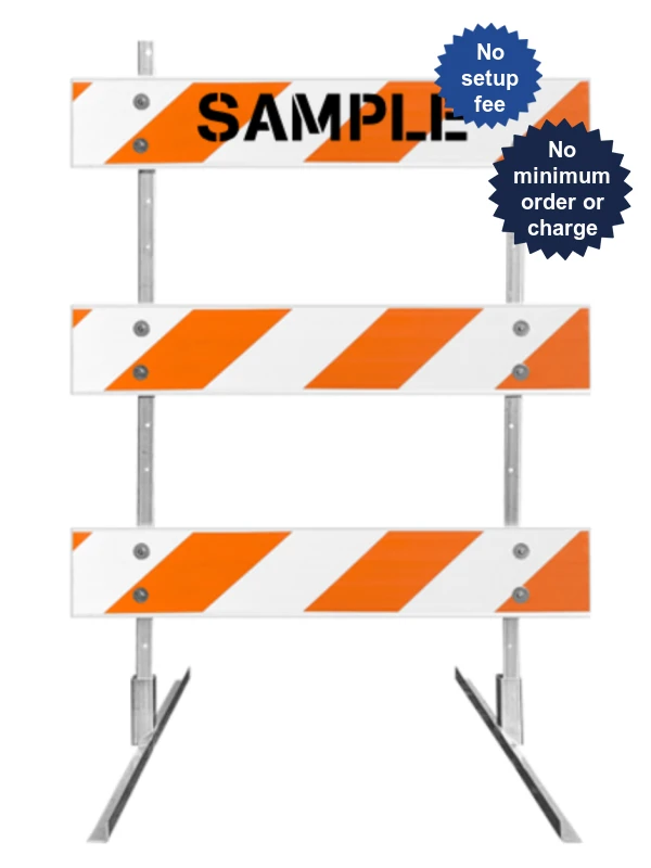 63\" Tall MUTCD Type III Barricade -Square Steel Sign Post Uprights, Steel Angle Iron Feet \u0026 Three 4\u0027 Plastic Boards w/HI Sheeting \u0026 Custom Lettering
