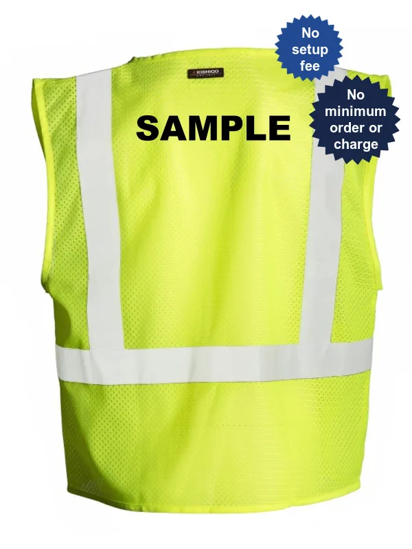 Super Saver, Lime Mesh Class 2 Vest w/4 Pockets \u0026 Velcro Closure, Small w/Custom Black Text