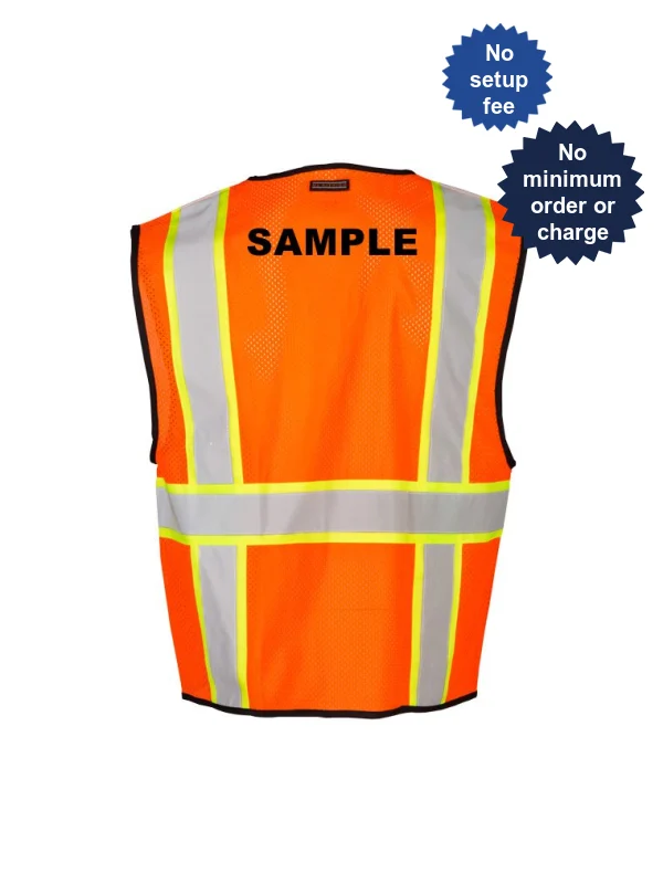 S-M, Orange, Four (4) Pocket, Contrasting Mesh Class 2 Vest w/ Black Custom Lettering