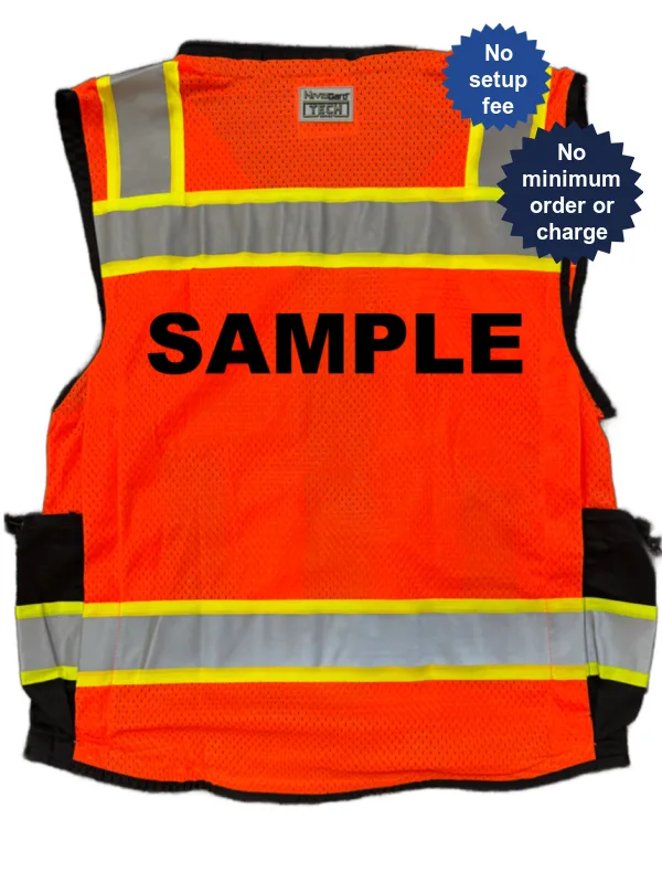 Liberty HiVizGard™ Tech Series Two Tone, Black Bottom Class 2 Surveyor Vest, Orange, XL with Custom Black Lettering