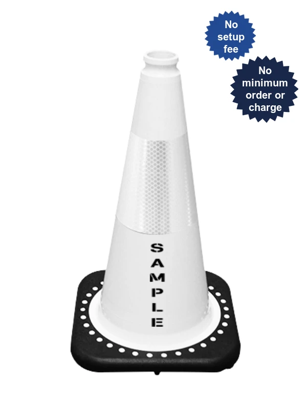 White 18 inch Cone with Black Base 6\" Reflective Collar and Custom Lettering