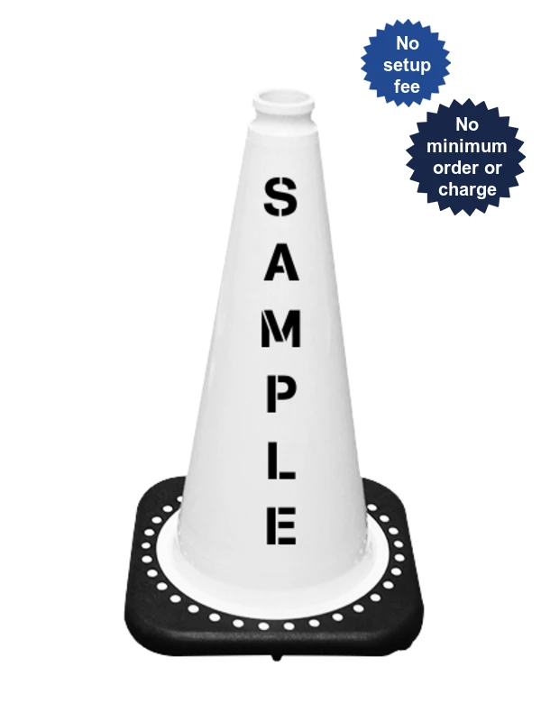 White 18 inch JBC Black Base Traffic Cone with Double Sided Lettering