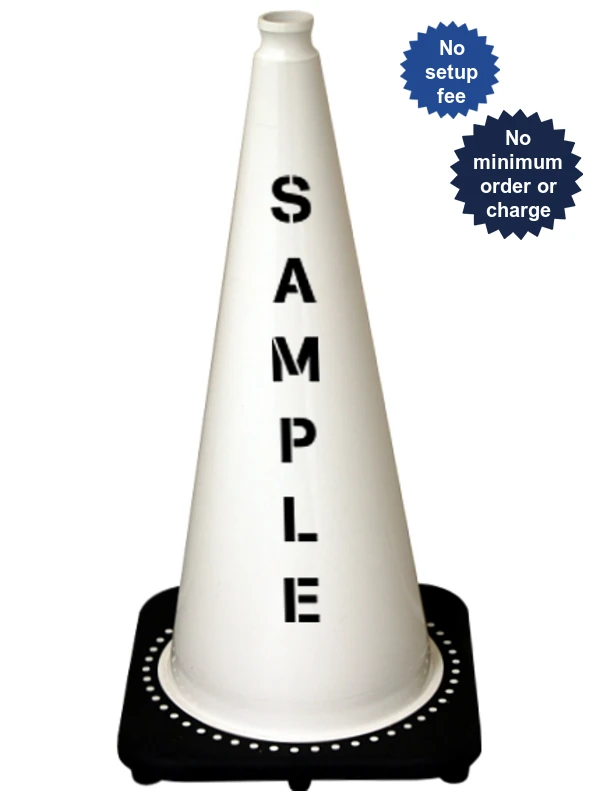 White 28 inch 7 lbs JBC Black Base Traffic Cone with Double Sided Lettering