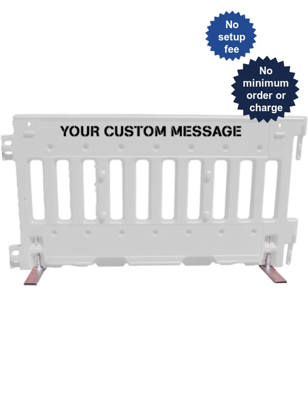 White, Pedestrian Wall Barricade w/ T-Legs (72\" L x 3\" W x 38\" H) w/ Double Sided Custom Lettering