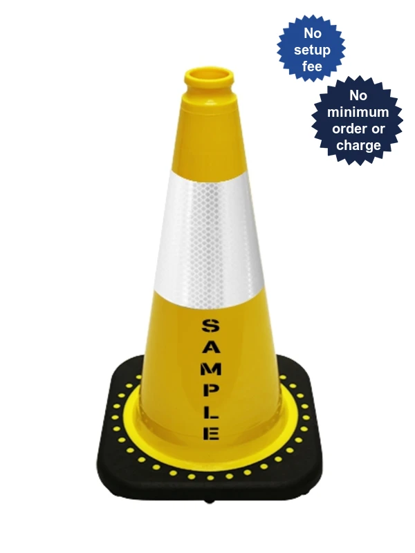 Yellow 18 inch Cone with Black Base 6\" Reflective Collar and Custom Lettering