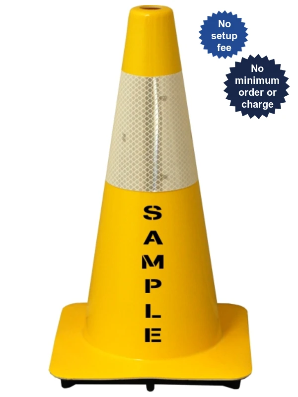 Yellow 18\" Traffic Cone w/6\" Reflective Collar \u0026Double Sided Custom Lettering