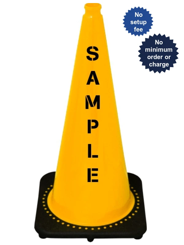 Yellow 28 inch 7 lbs JBC Black Base Traffic Cone with Double Sided Lettering