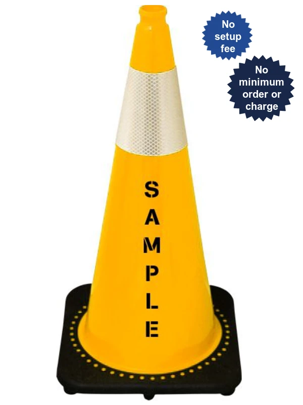 Yellow 28 inch 7 lbs JBC Black Base Traffic Cone with Single 6\" Reflective Collar and Custom Lettering