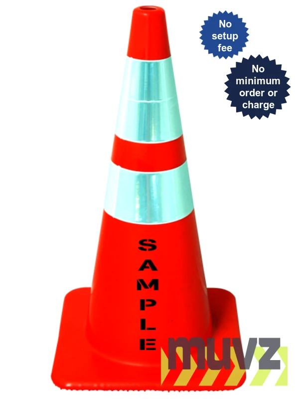 Orange 28\" Flow Molded Traffic Cone w/6\" \u0026 4\" Reflective Collars \u0026 Double Sided (2X) Custom Stencil