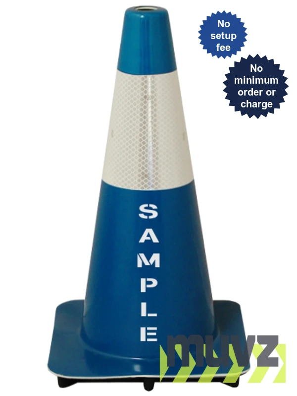 Blue 18\" Flow Molded Traffic Cone w/6\" Reflective Collar \u0026Double Sided (2X) Custom Stencil