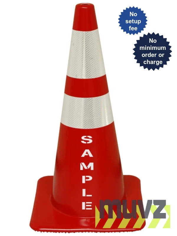 Red 28\" Flow Molded Traffic Cone w/6\" \u0026 4\" Reflective Collars \u0026Double Sided (2X) Custom Stencil