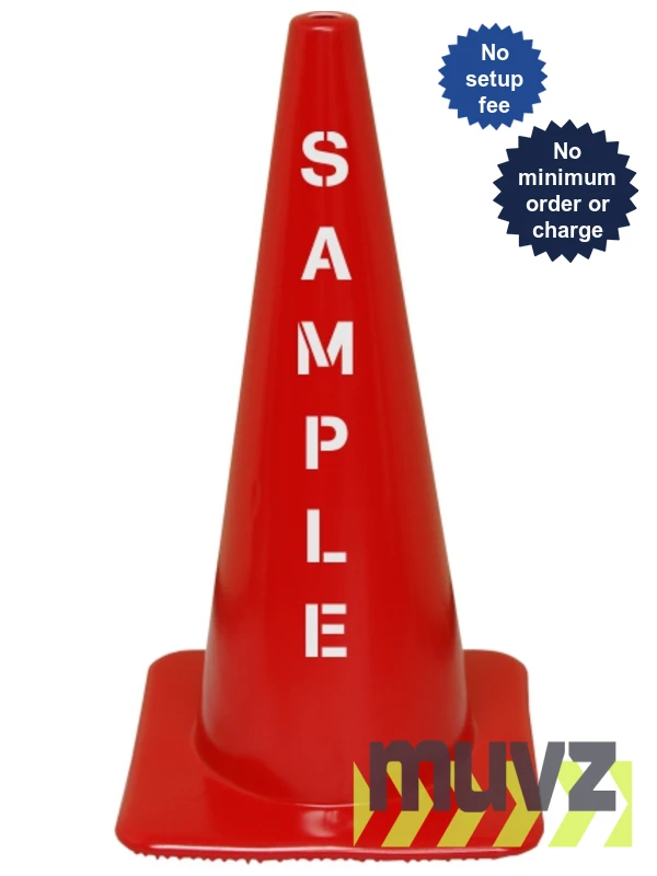 Red 28\" Flow Molded Traffic Cone with Double Sided (2X) Custom Stencil