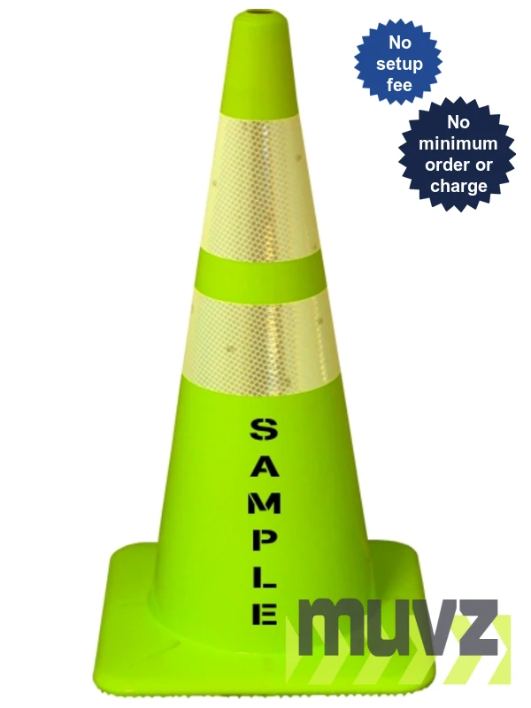 Lime 28\" Flow Molded Traffic Cone w/6\" \u0026 4\" Reflective Collars \u0026Double Sided (2X) Custom Stencil