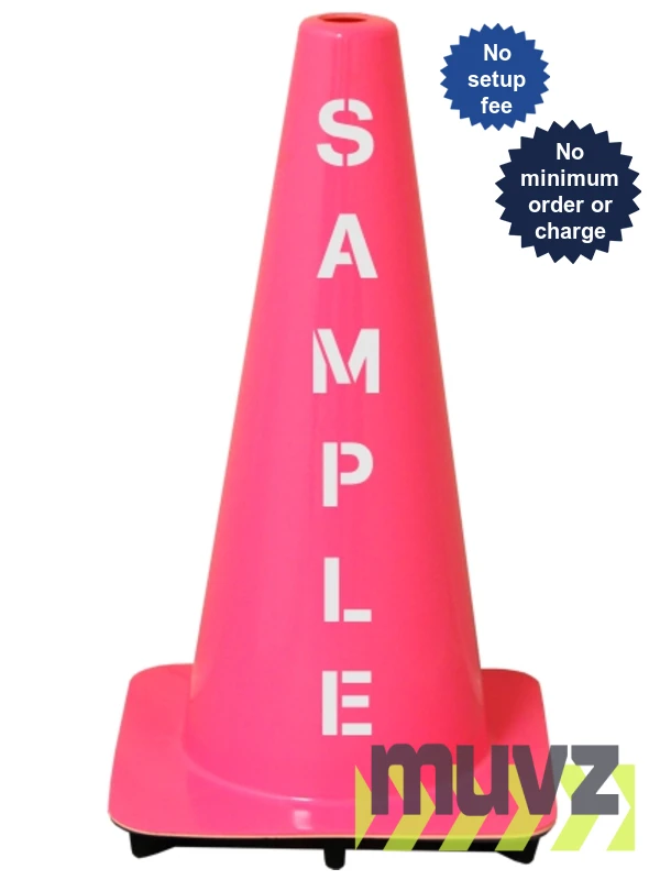Pink 18\" Flow Molded Traffic Cone with Double Sided (2X) Custom Stencil
