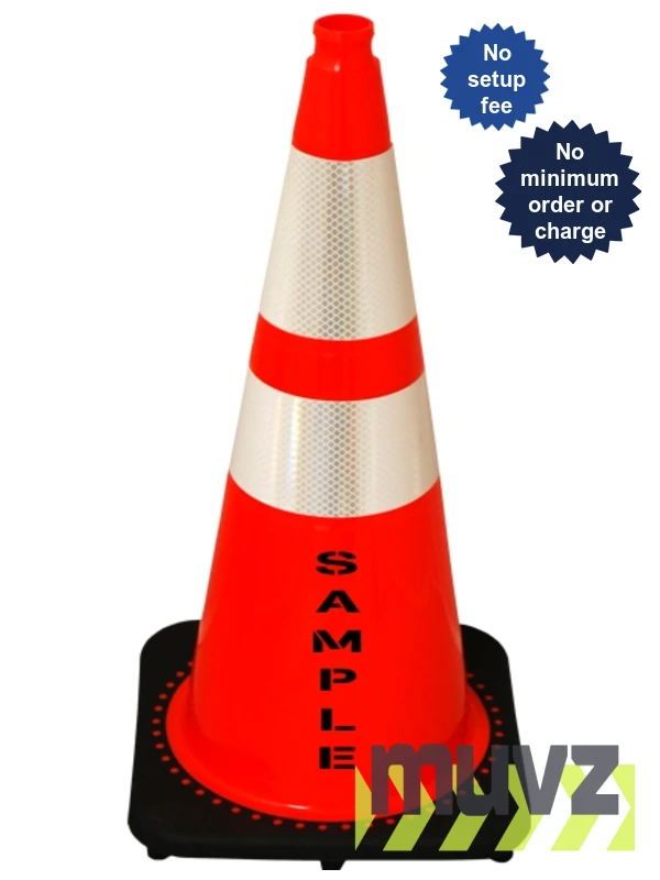 Orange 28\" 10.0 Lb. Black Base Cone, 6\" \u0026 4\" Reflective Collars and Custom Stencil