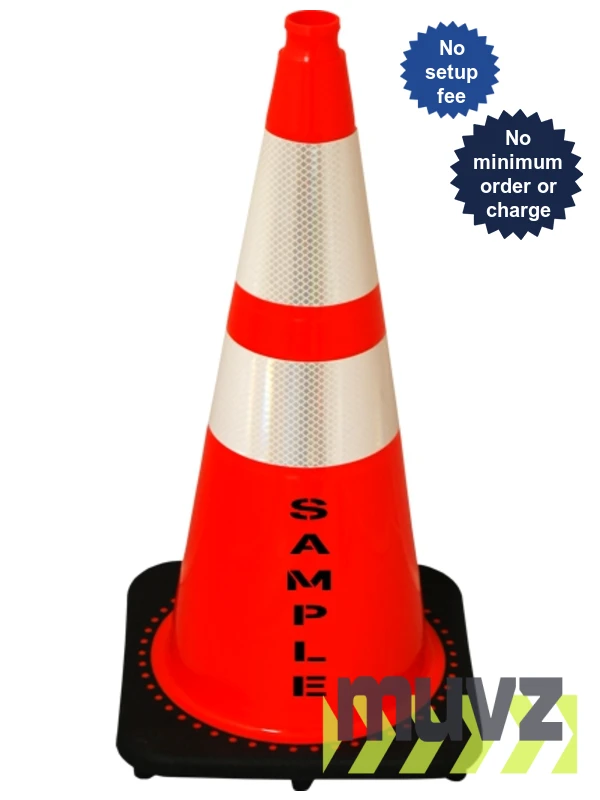 Orange 28\" 7.0 Lb. Black Base Cone, 6\" \u0026 4\" Reflective Collars and Custom Stencil