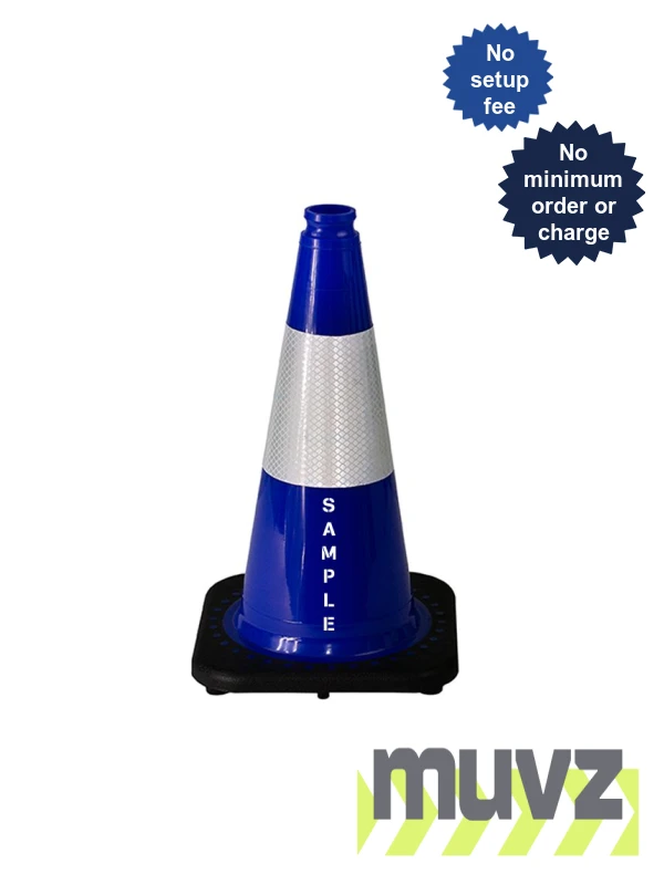 Blue 18\" Cone with Black Base, 6\" Reflective Collar and Custom Stencil