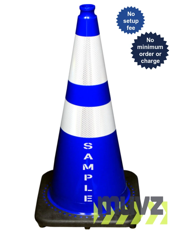 Blue 28\" 7.0 Lb. Black Base Cone, 6\" \u0026 4\" Reflective Collars and Custom Stencil