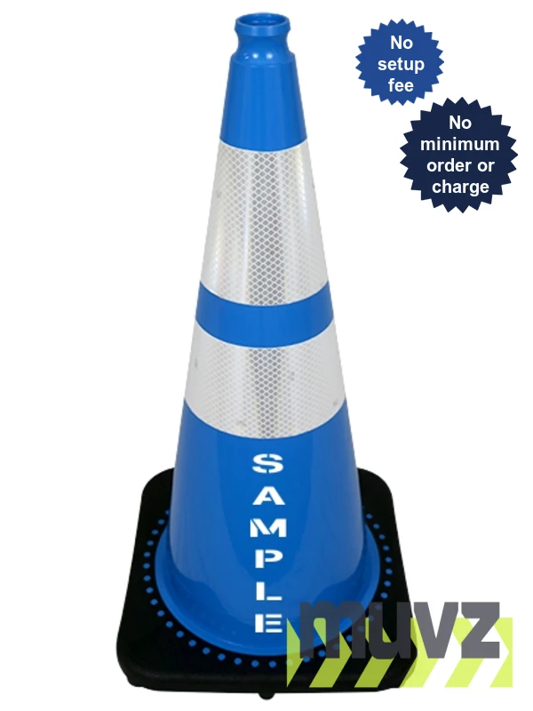 Light Blue 28\" 7.0 Lb. Black Base Cone, 6\" \u0026 4\" Reflective Collars and Custom Stencil