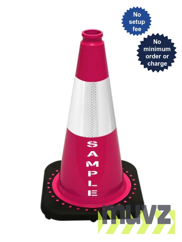 Pink 18\" Black Base Cone, 6\" Reflective Collar \u0026 Custom Stencil