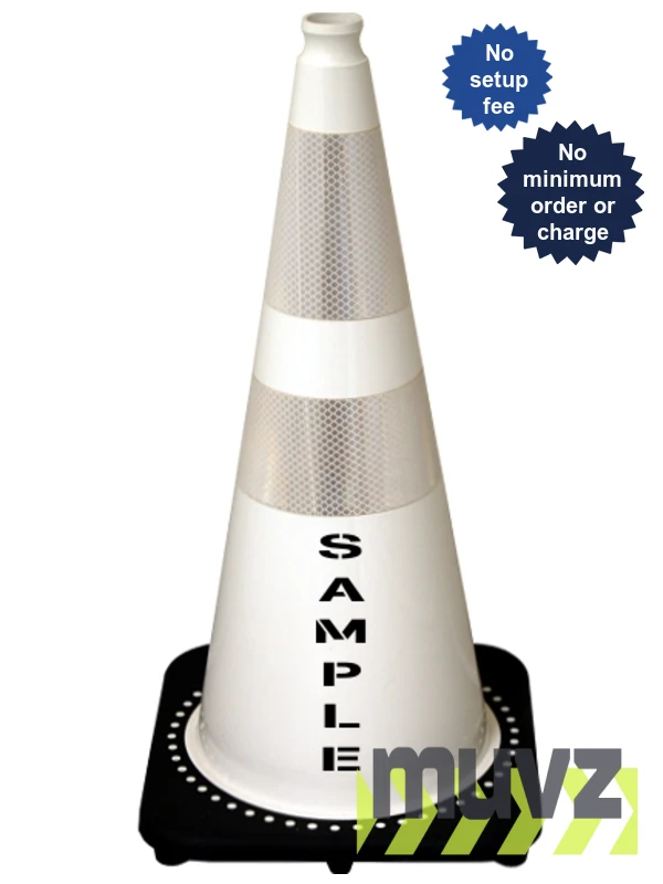 White 28\" 7.0 Lb. Black Base Cone, 6\" \u0026 4\" Reflective Collars and Custom Stencil