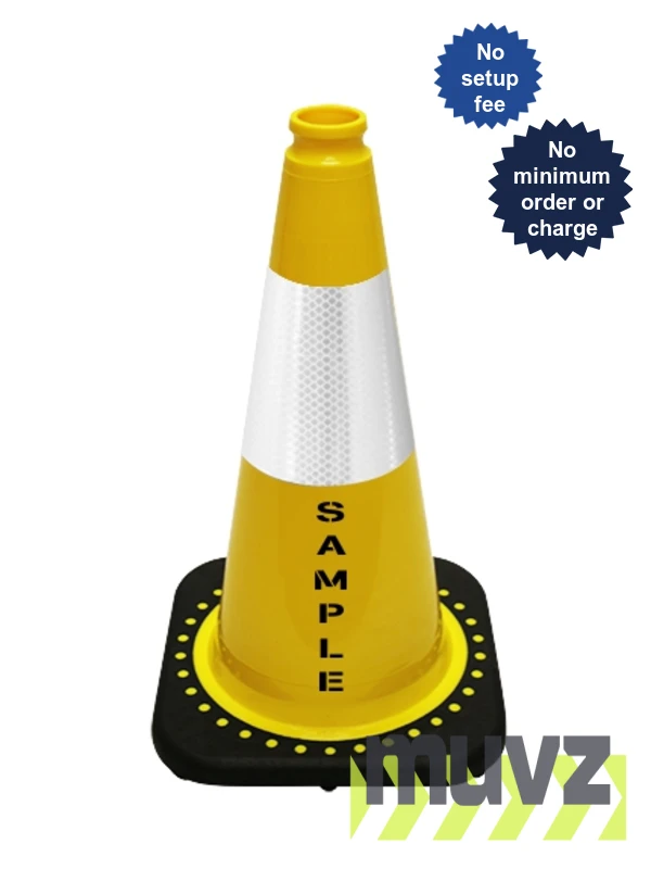 Yellow 18\" Black Base Cone with 6\" Reflective Collar \u0026 Double Sided (2X) Custom Stencil