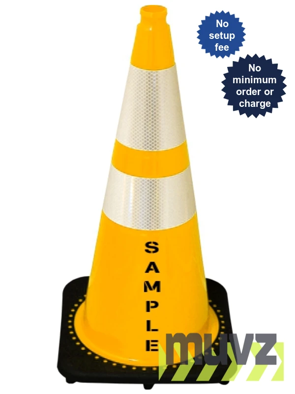 Yellow 28\" 7.0 Lb. Black Base Cone, 6\" \u0026 4\" Reflective Collars and Double Sided (2X) Custom Stencil