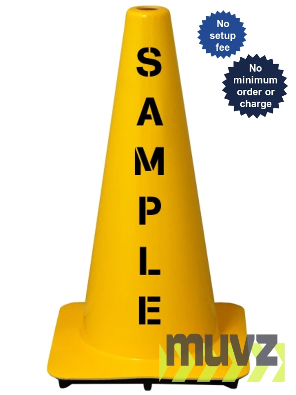 Yellow 18\" Flow Molded Traffic Cone with Double Sided (2X) Custom Stencil