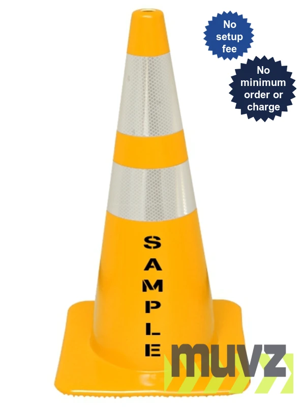 Yellow 28\" Flow Molded Traffic Cone w/6\" \u0026 4\" Reflective Collars \u0026Double Sided (2X) Custom Stencil