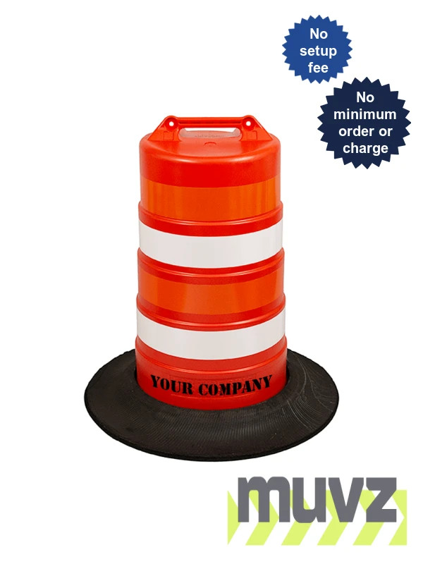 37\" Tall Channelizer Drum w/Four 4\" EG Reflective Stripes, Recycled Tire Wall Base \u0026 Custom Stencil