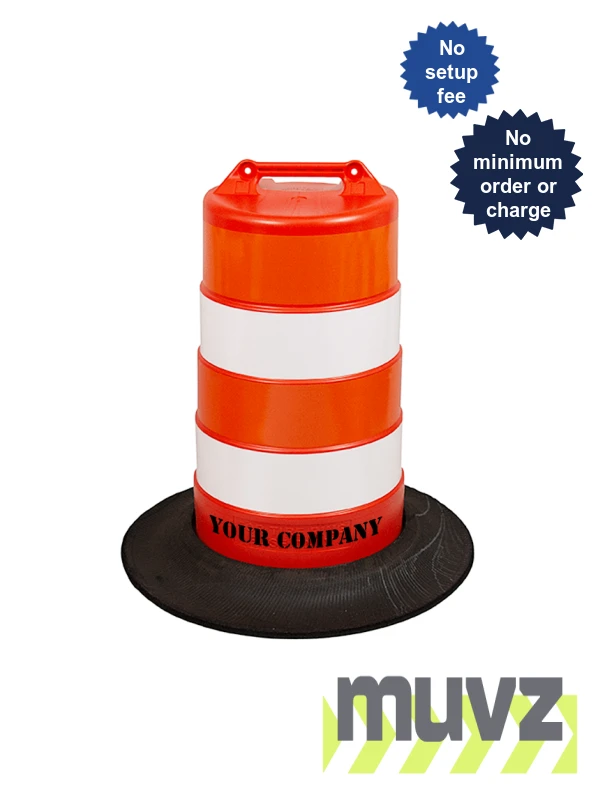 37\" Tall Channelizer Drum w/Four 6\" EG Reflective Stripes, Recycled Tire Wall Base \u0026 Custom Stencil