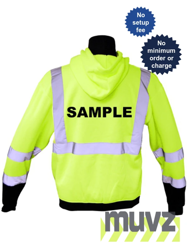 Class 3, Lime, Hooded Full Zipper Sweatshirt, 2XL w/Non-Reflective Custom Lettering