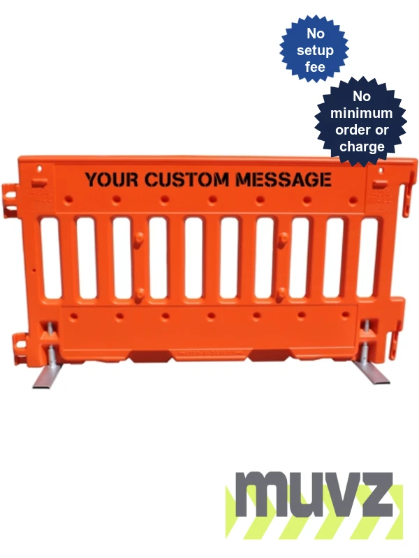 Orange, Pedestrian Wall Barricade w/ T-Legs (72\" L x 3\" W x 38\" H) w/ Custom Stenciling