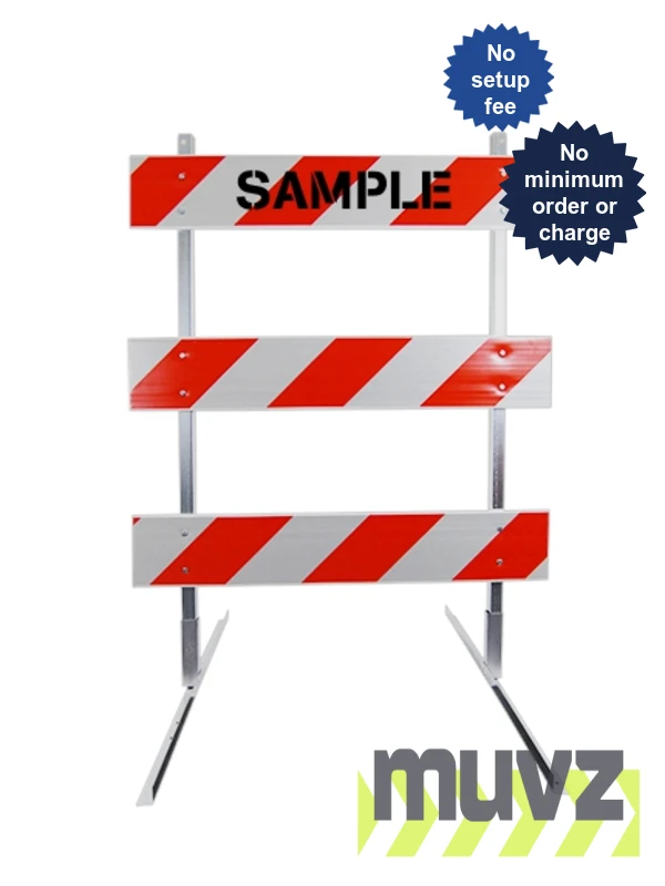 4\u0027 Standard Type 3 Barricade-63\" Tall Steel Frame, 4\u0027 Plastic Boards, HI Sheeting \u0026 Custom Lettering