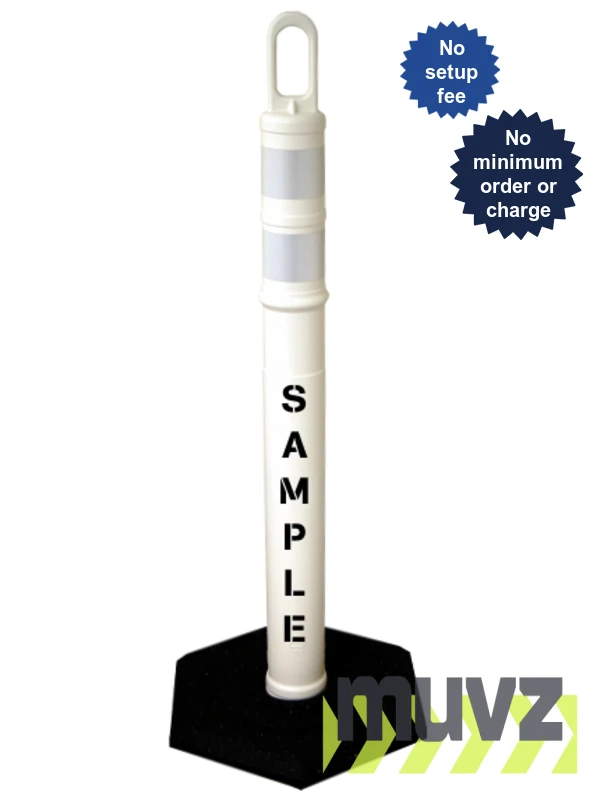 42\" WHITE Looper Tube with Two (2) 3\" Reflective Collars, Custom Stencil \u0026 12 Lb. Base