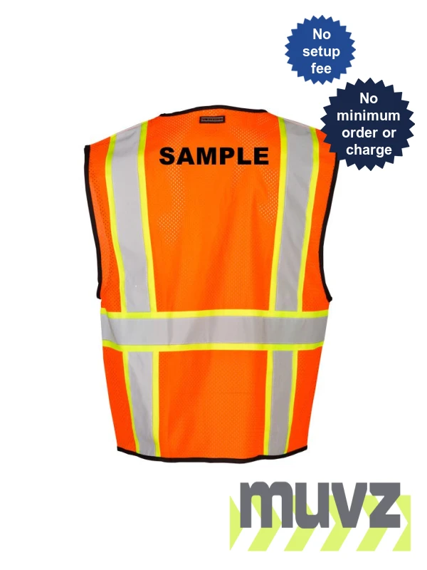 S-M, Orange, Four (4) Pocket, Contrasting Mesh Class 2 Vest w/ Black Custom Lettering