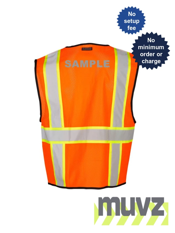 S-M, Orange, Four (4) Pocket, Contrasting Mesh Class 2 Vest w/ Reflective Custom Lettering