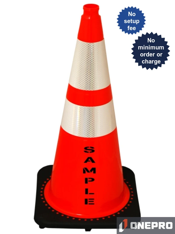 Orange 28\" 10.0 lb Black Base Cone, 6\" \u0026 4\" Reflective Collars and Custom Stencil