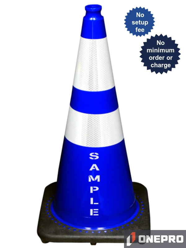Blue 28\" 7.0 lb Black Base Cone, 6\" \u0026 4\" Reflective Collars and Double Sided (2X) Custom Stencil