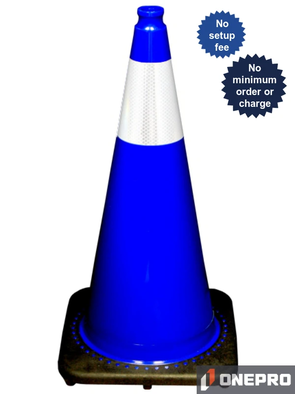 Blue 28\" 7.0 lb Black Base Cone, Single 6\" Reflective Collar and Double Sided (2X) Custom Stencil