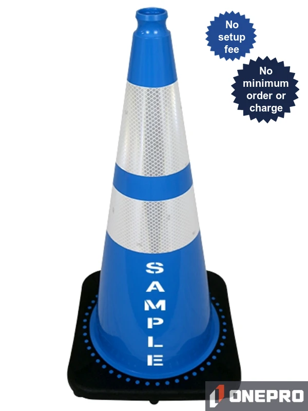 Light Blue 28\" 7.0 lb Black Base Cone,6\" \u0026 4\" Reflective Collars \u0026 Double Sided (2X) Custom Stencil