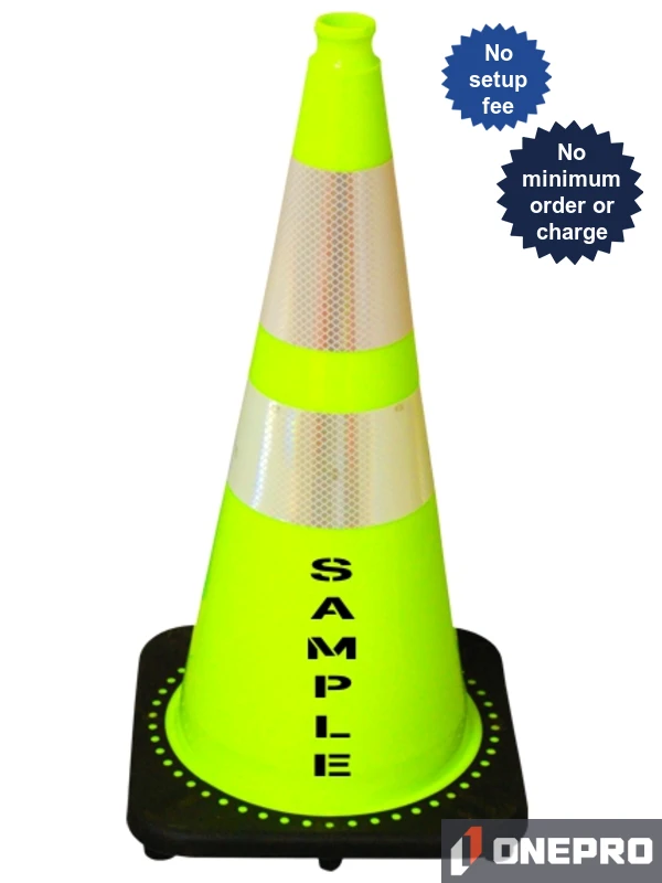 Lime 28\" 7.0 lb Black Base Cone, 6\" \u0026 4\" Reflective Collars and Double Sided (2X) Custom Stencil