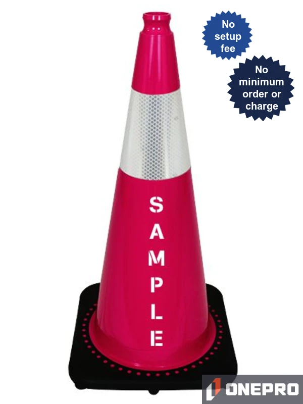 Pink 28\" 7.0 lb Black Base Cone, Single (1) 6\" Reflective Collar and Custom Stencil