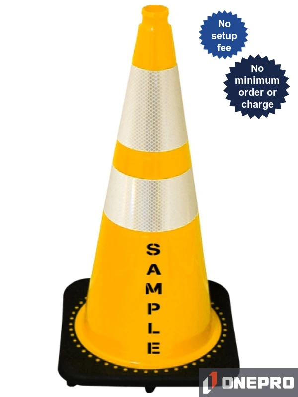 Yellow 28\" 7.0 lb Black Base Cone, 6\" \u0026 4\" Reflective Collars and Double Sided (2X) Custom Stencil
